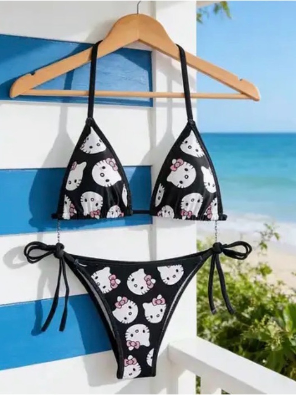 Black Hello Kitty Print Triangle Bikini Set